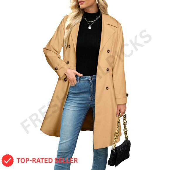 Double-Breasted Trench Coat Windbreaker Overcoat Fall Winter Outerwear
